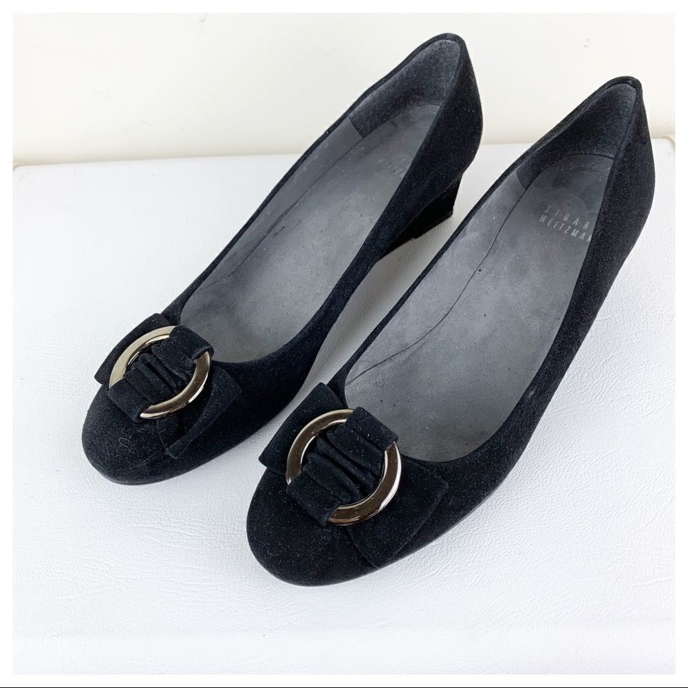 Stuart‎ Weitzman Caring Black Suede Low Wedge Silver Ring Accent 8.5 - Picture 4 of 10
